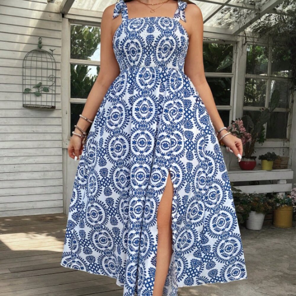 Women's Boho Floral Printed Thigh Slit and Tie Strap Dress Size 12 (0XL)